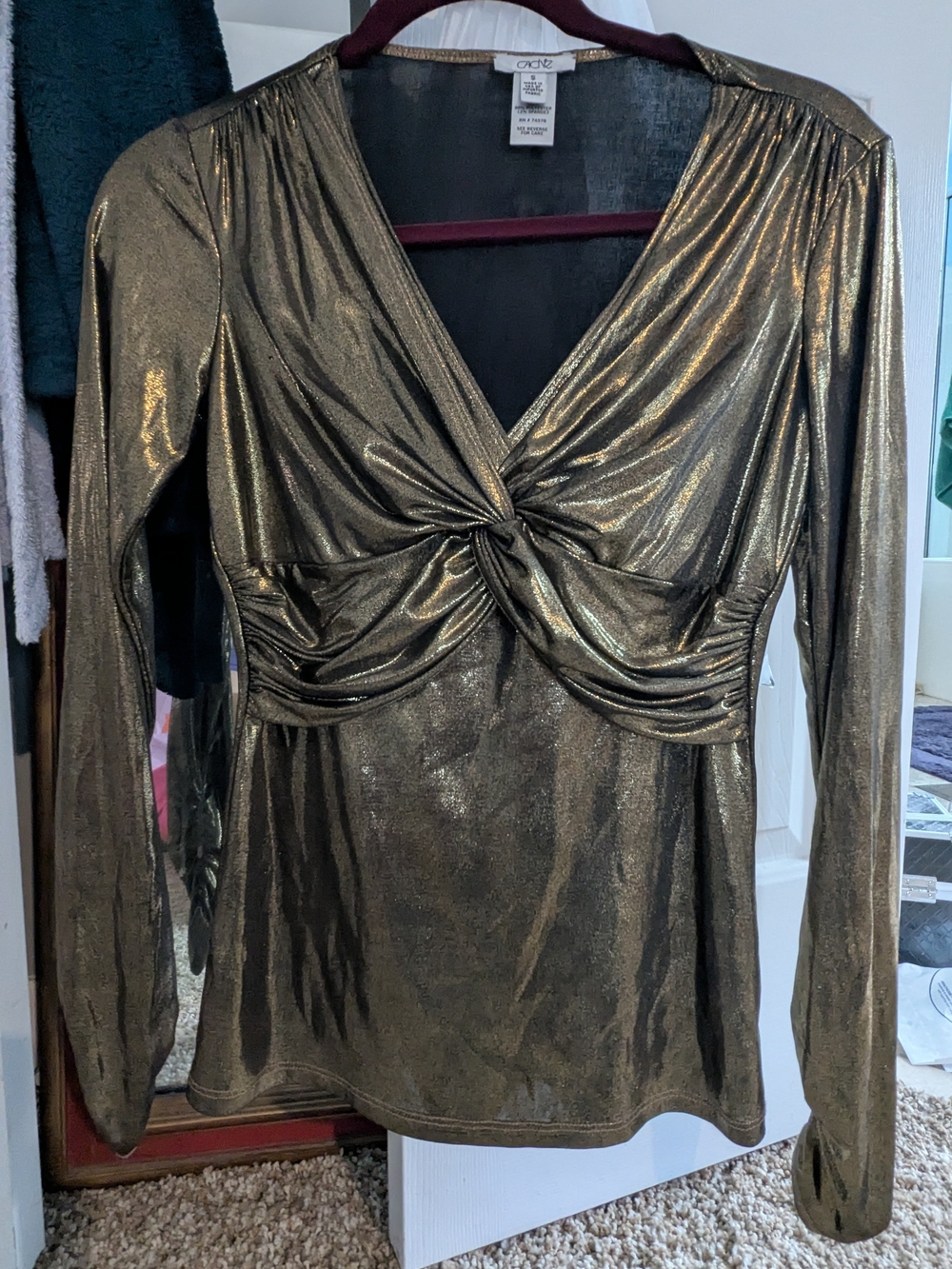 Cache Metallic Gold Twist-Front Long Sleeve Blouse